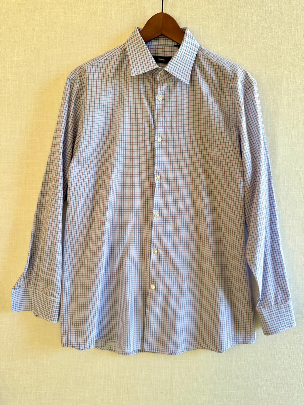 HUGO BOSS Sharp Fit Blue & Brown Check Dress Shirt Size 16